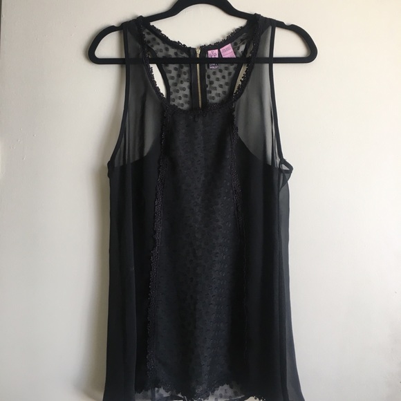 Black Sheer Top with Polkadot print and Lace Sz M - Picture 2 of 8