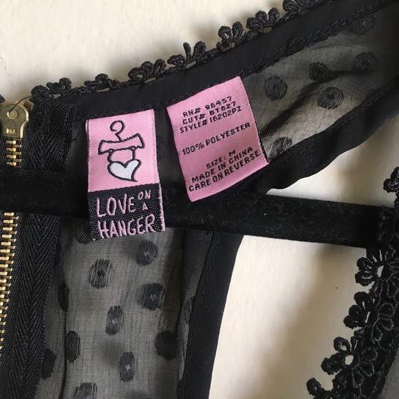 Black Sheer Top with Polkadot print and Lace Sz M - Picture 3 of 8