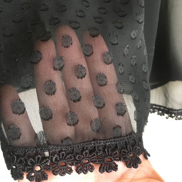 Black Sheer Top with Polkadot print and Lace Sz M - Picture 4 of 8