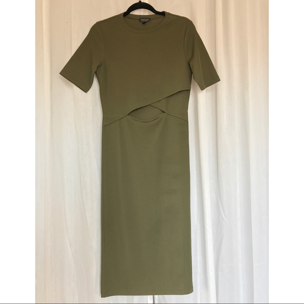 Topshop Olive/ Light Army Green Midi Cutout Dress