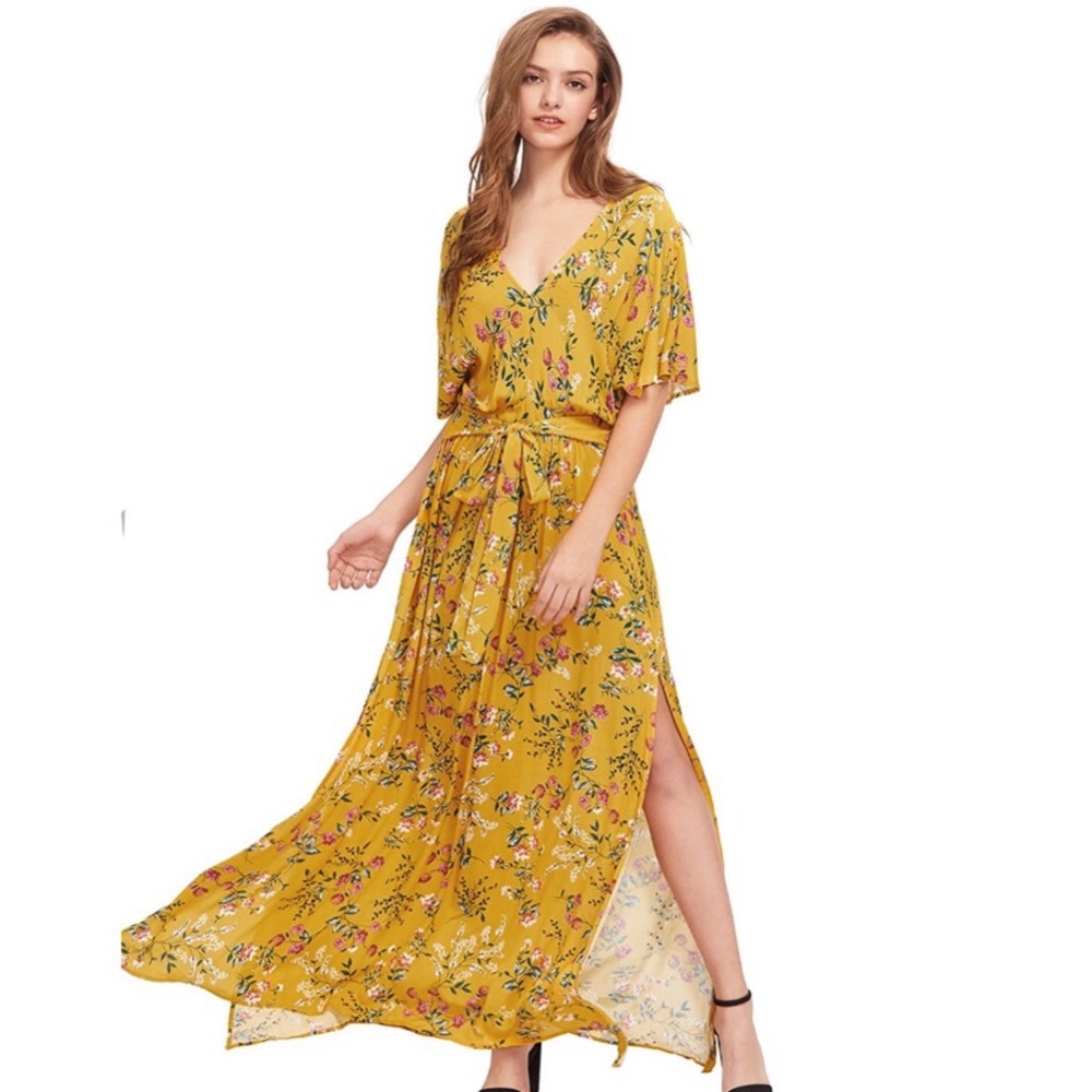 Boho Tie Waist Vintage Print Maxi Dress