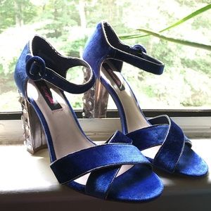 Blue suede heels with studs and crystal heels