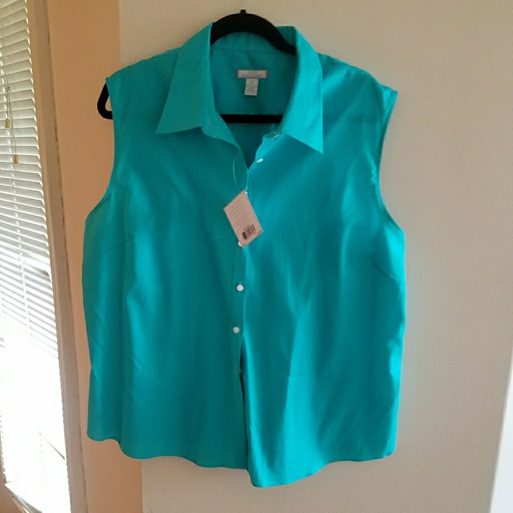 Sleeveless button down teal blouse