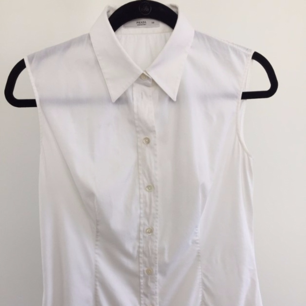 Prada, white sleeveless button down shirt