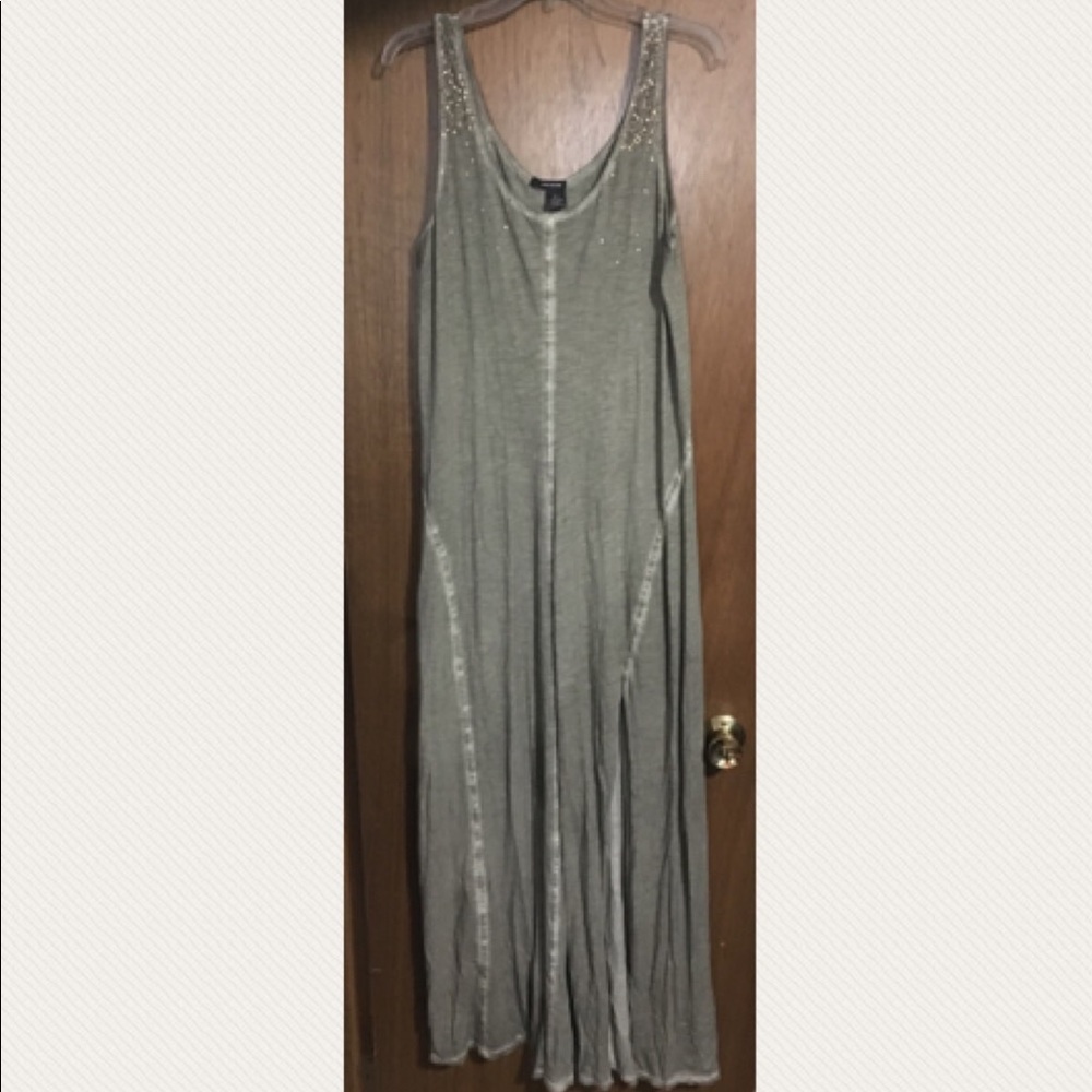 Gray-green maxi dress by DKNY with gold sequins