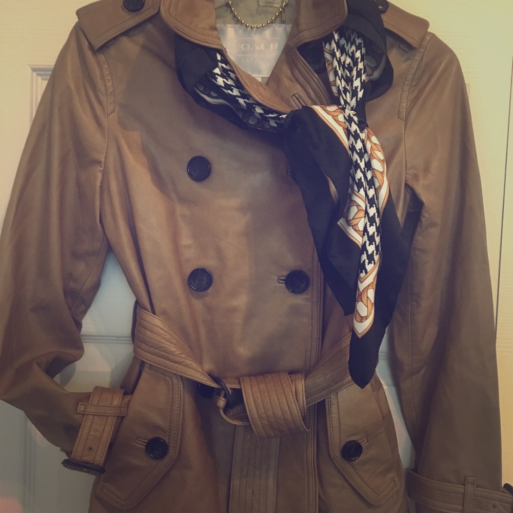 COACH Trench Coat/Jacket Leather, Camel w/ Black
