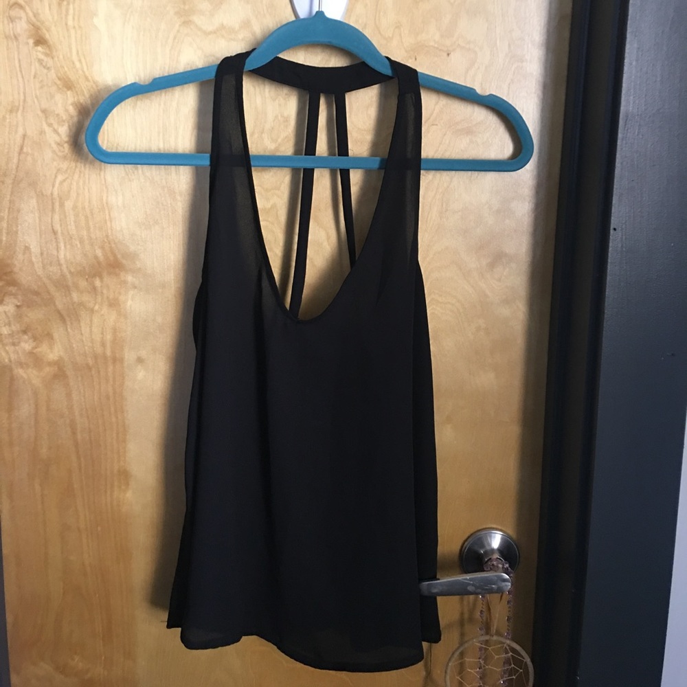 Sheer black v neck/strappy back tank sz S