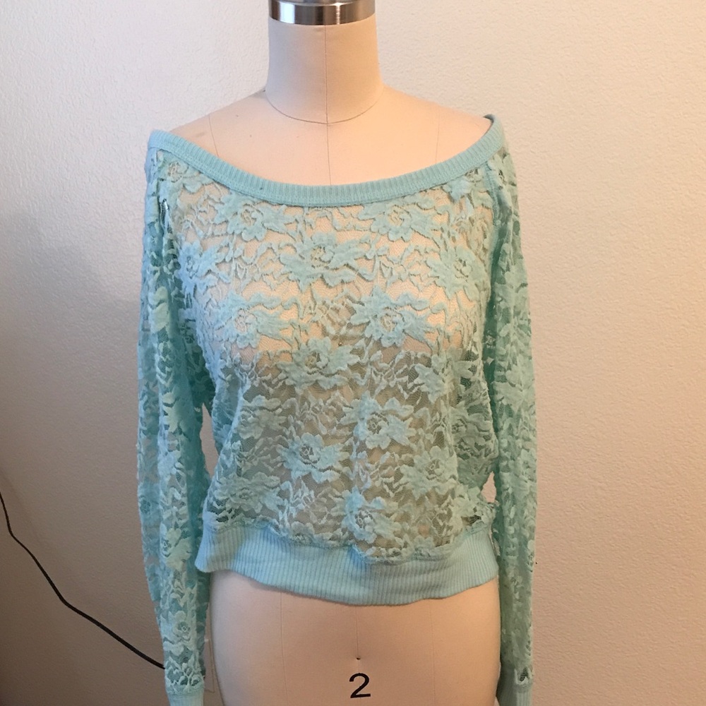 Sheer Lace top sz m blue turquoise floral sweater