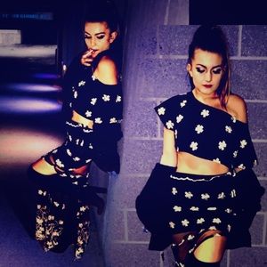 Cropped black top with silver flowers