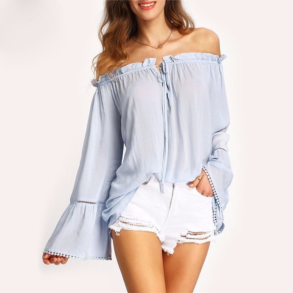 Off Shoulder Bell Sleeve Ruffle Top - Picture 4 of 8