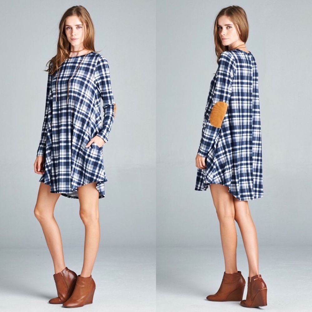 LAST❣️Blue and White Plaid Dress & Elbow Patches