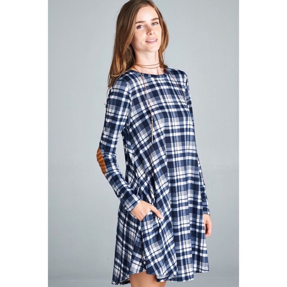 LAST❣️Blue and White Plaid Dress & Elbow Patches - Picture 2 of 3