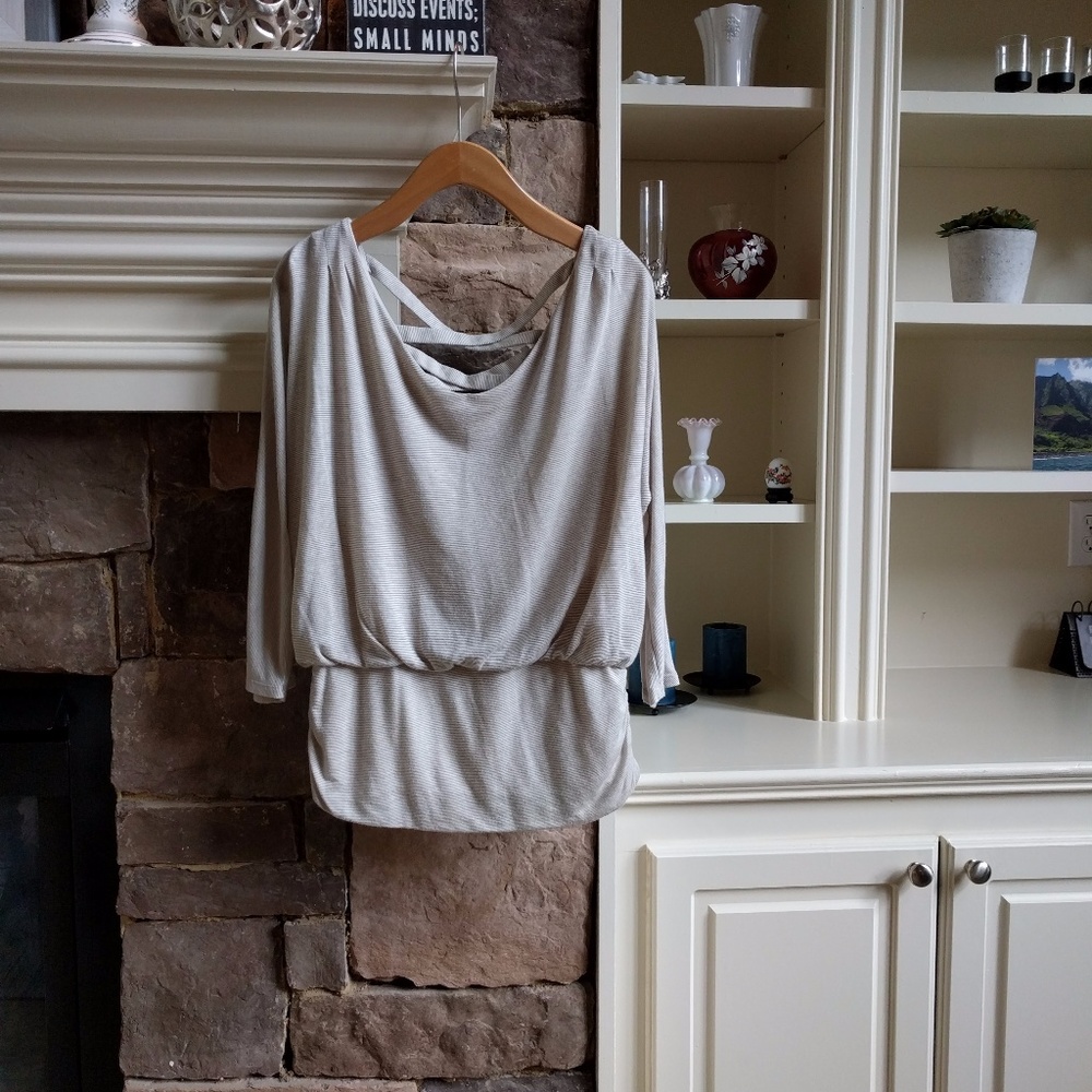 WHBM beige & white pin stripe shirt. Criss-cross