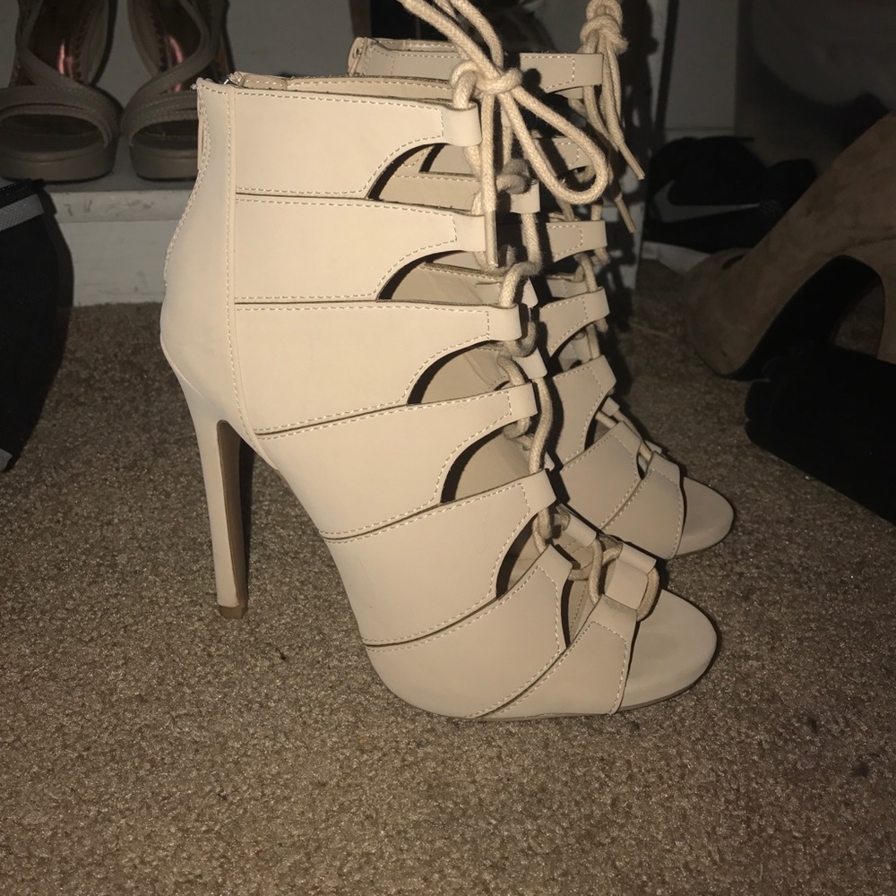 matte nude lace up zip heels