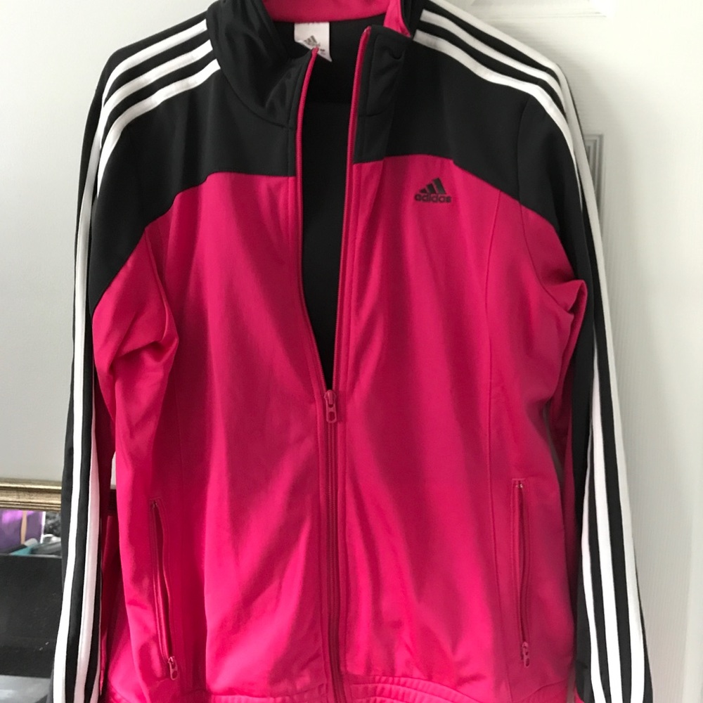Adidas pink/gray track suit. Size XL/L -read deets