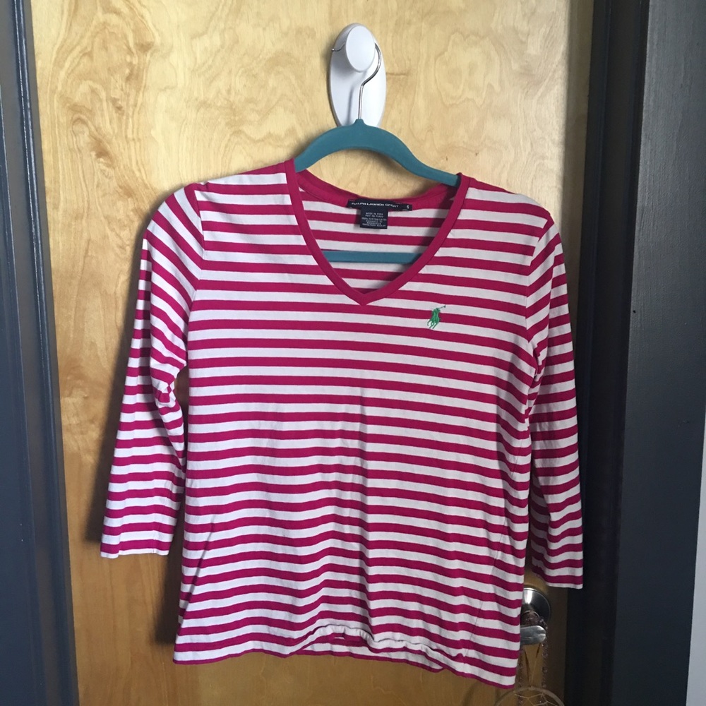 Ralph lauren pink & white striped 3/4 tee Sz small