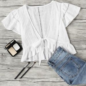 Plunging V-neckline Knot Frill Hem Top