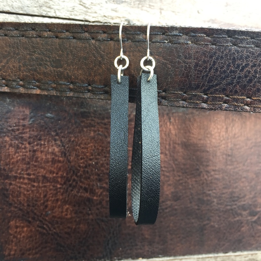 Black leather teardrop hoop earrings