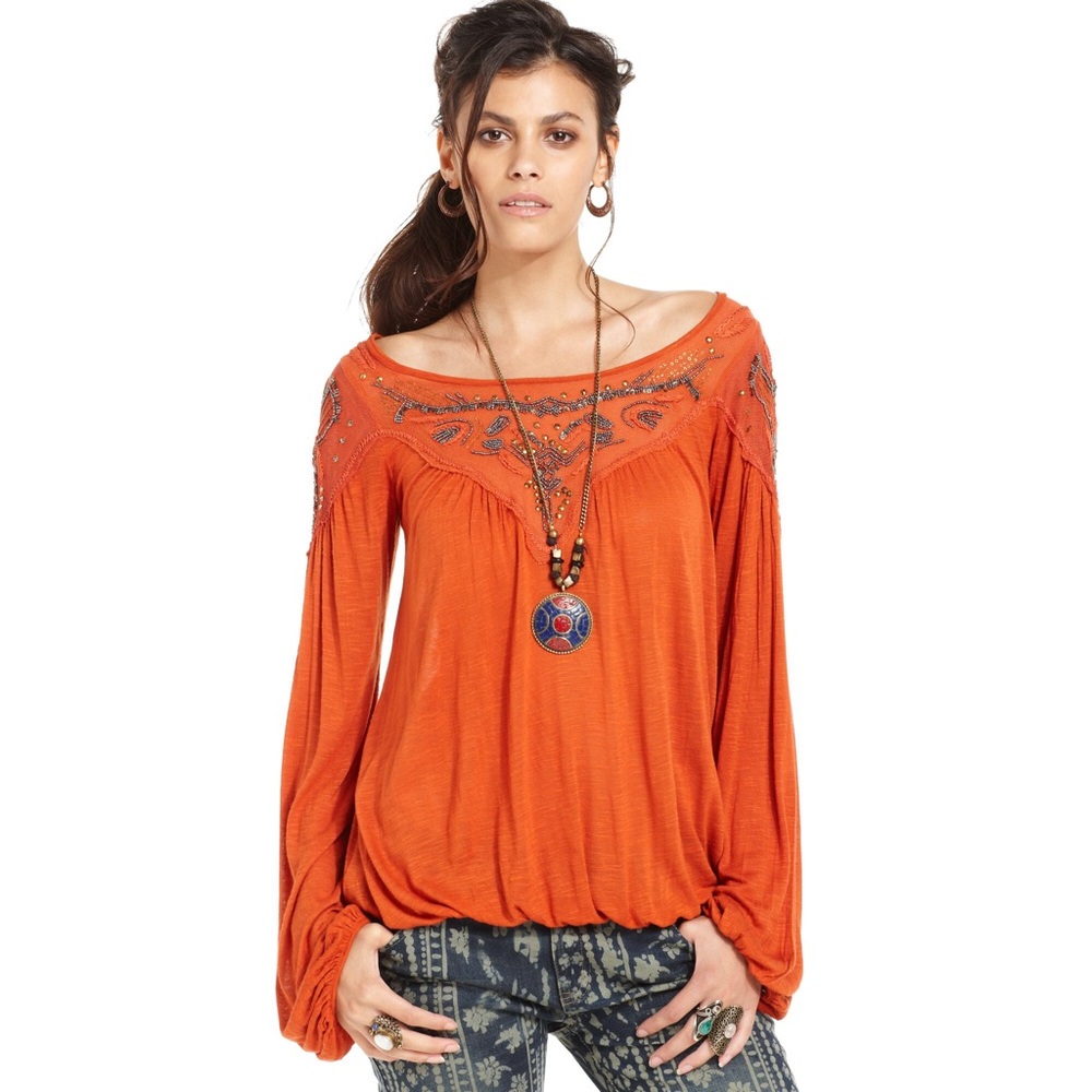 Free People Small Orange Beaded Scoop Neck Blouse