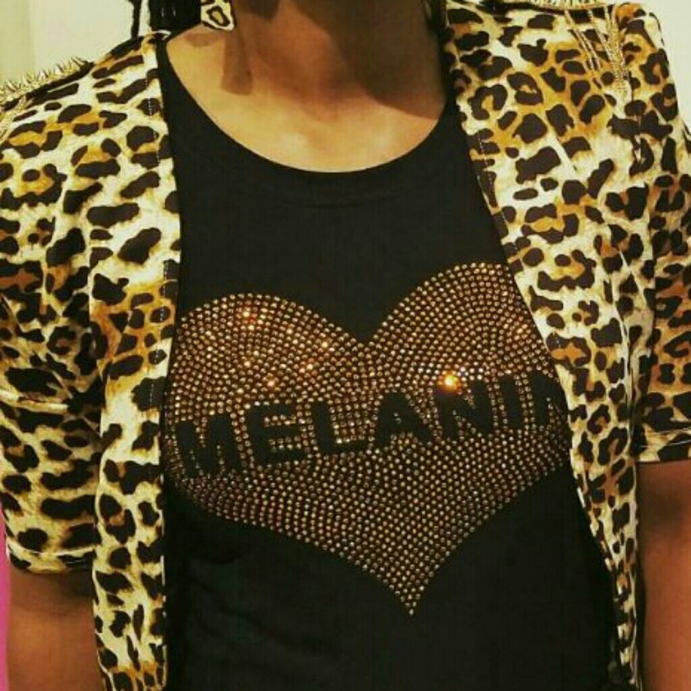 Black T-shirt with golden bronze rhinestones