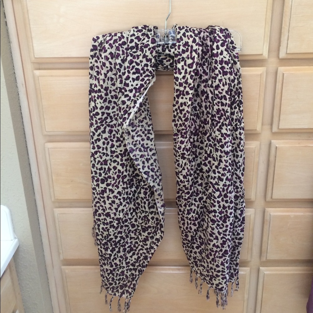 Purple/Black/Tan Leopard Print Scarf with Tassels