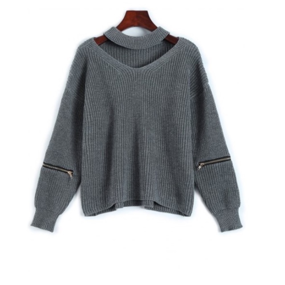 Choker style ribbed pullover zipper sweater - Picture 3 of 5