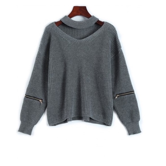 Choker style ribbed pullover zipper sweater - Picture 3 of 5