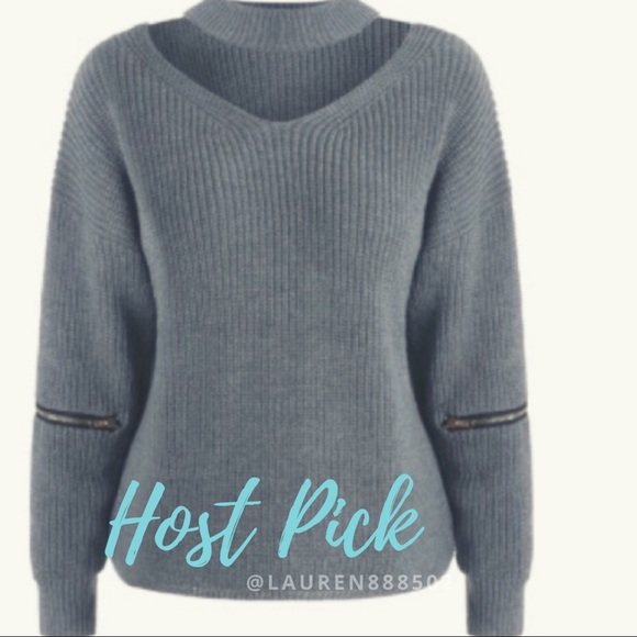 Choker style ribbed pullover zipper sweater - Picture 2 of 5