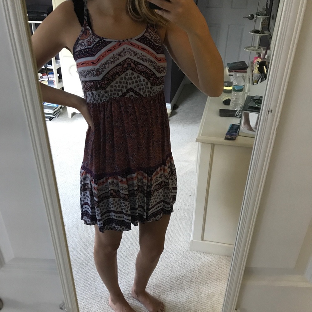 Purple and orange printed spaghetti strap dress