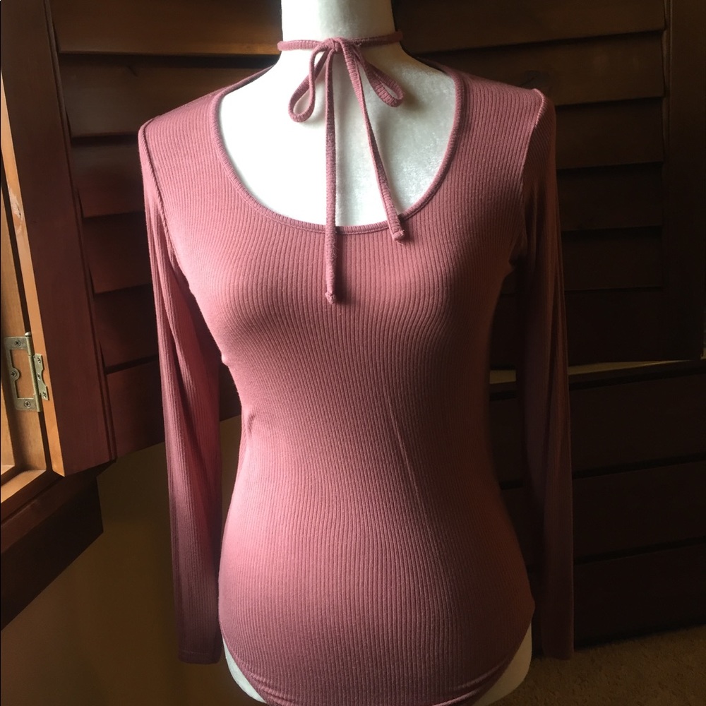 Ribbed Bodysuit with Tie Choker