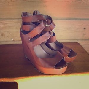 Tan Leather-like Crossed Wedges