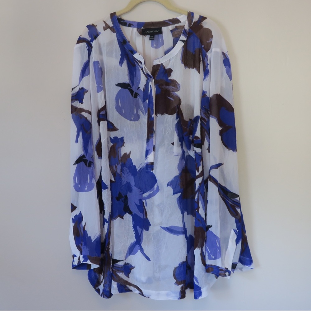 LANE BRYANT Blue Floral Crepe Sheer Blouse, 26/28