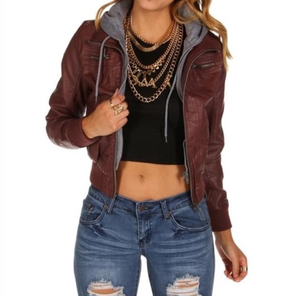 Forever 21 burgundy leather jacket with grey hood