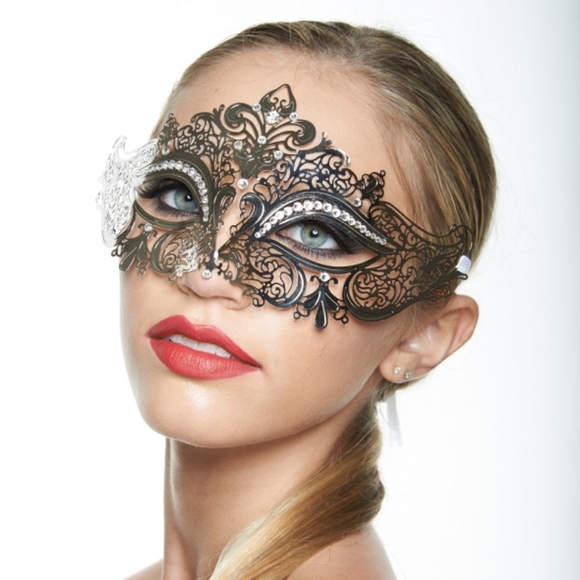 Silver Laser Cut Masquerade Mask with Clear Stones - Picture 2 of 3