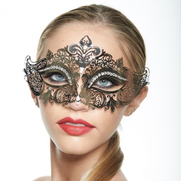 Silver Laser Cut Masquerade Mask with Clear Stones - Picture 3 of 3