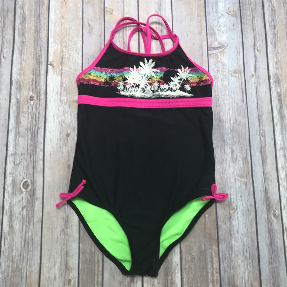 Palm Tree/ Tropical Print One Piece Swimsuit,Large