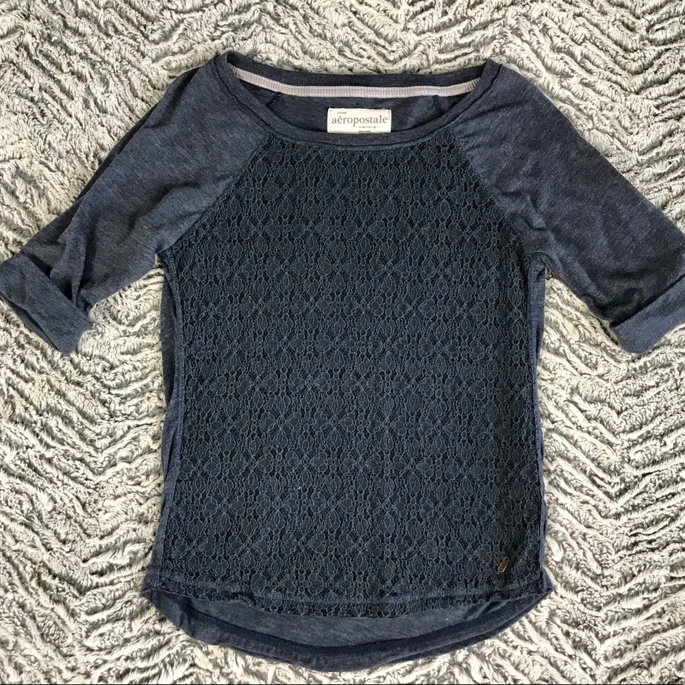 Navy blue 3/4 sleeves shirt with lace front