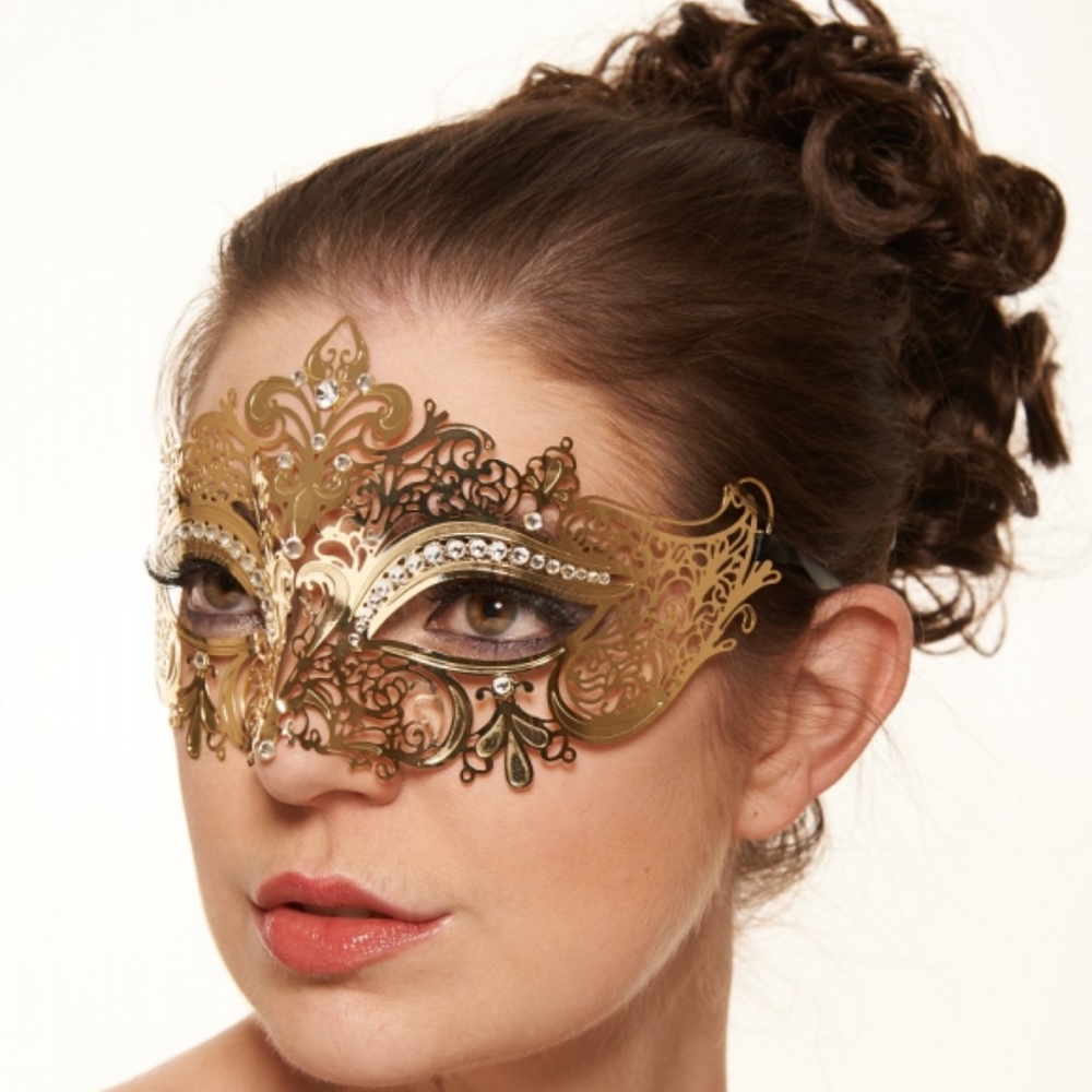 Gold Laser Cut Masquerade Mask with Clear Stones