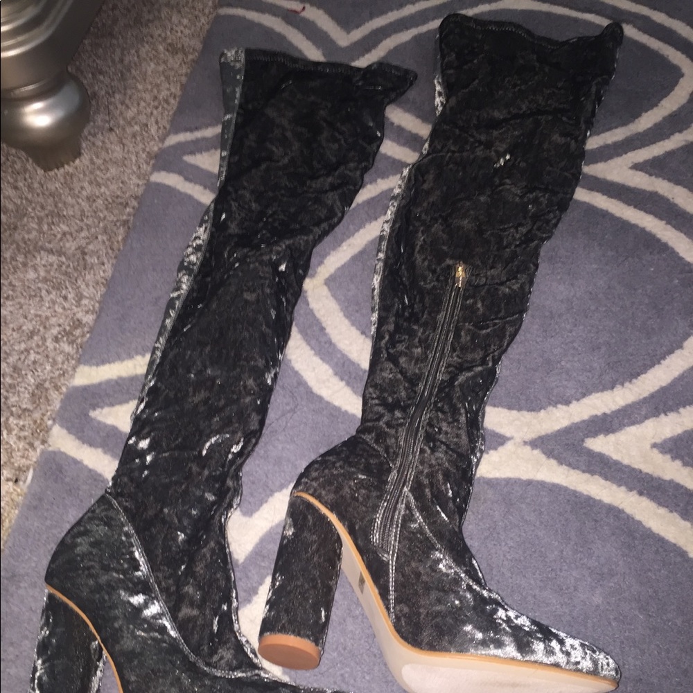 Olive velvet knee-high boots