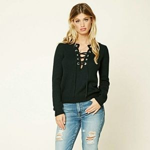 Forever21 Hunter Green Criss Cross Lace Pullover