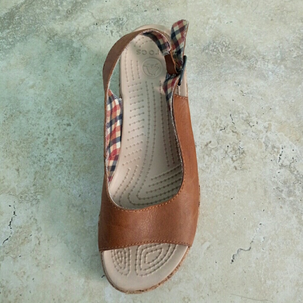 Crocs Brown A-Leigh Leather Slingback Wedge Sandal