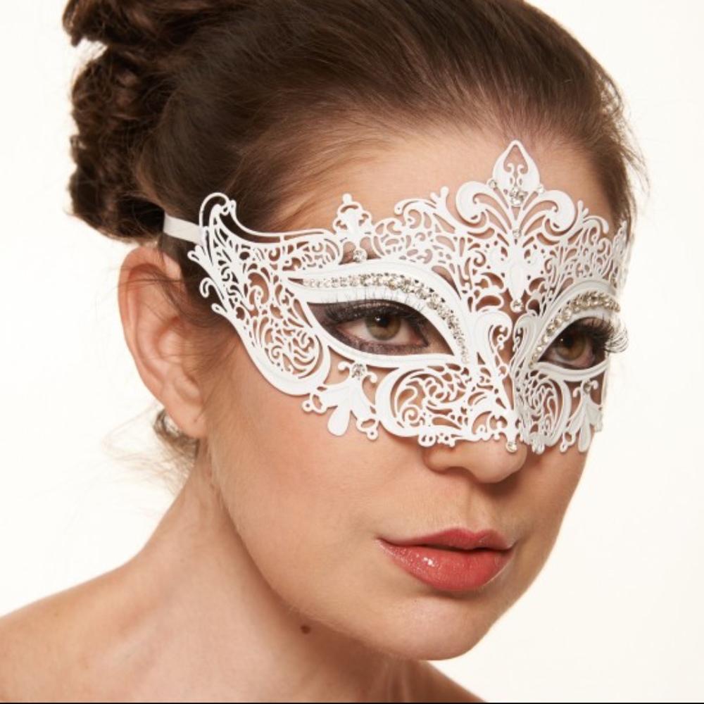 White Laser Cut Metal Mask with Clear Rhinestones