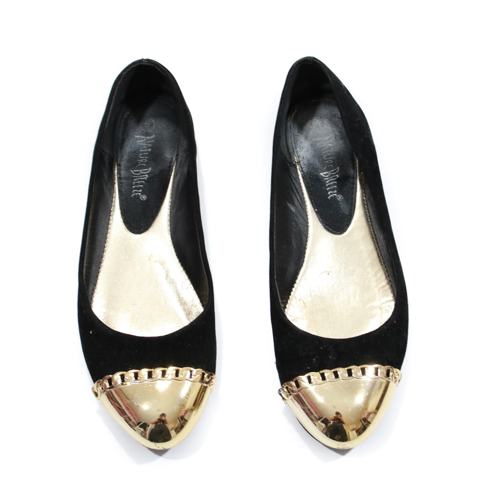 Black and Gold Faux Suede Flats Size 6