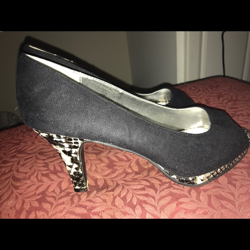Black suede peep toe heels