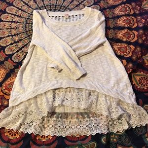 High Low Cream Sweater w Lace Bottom