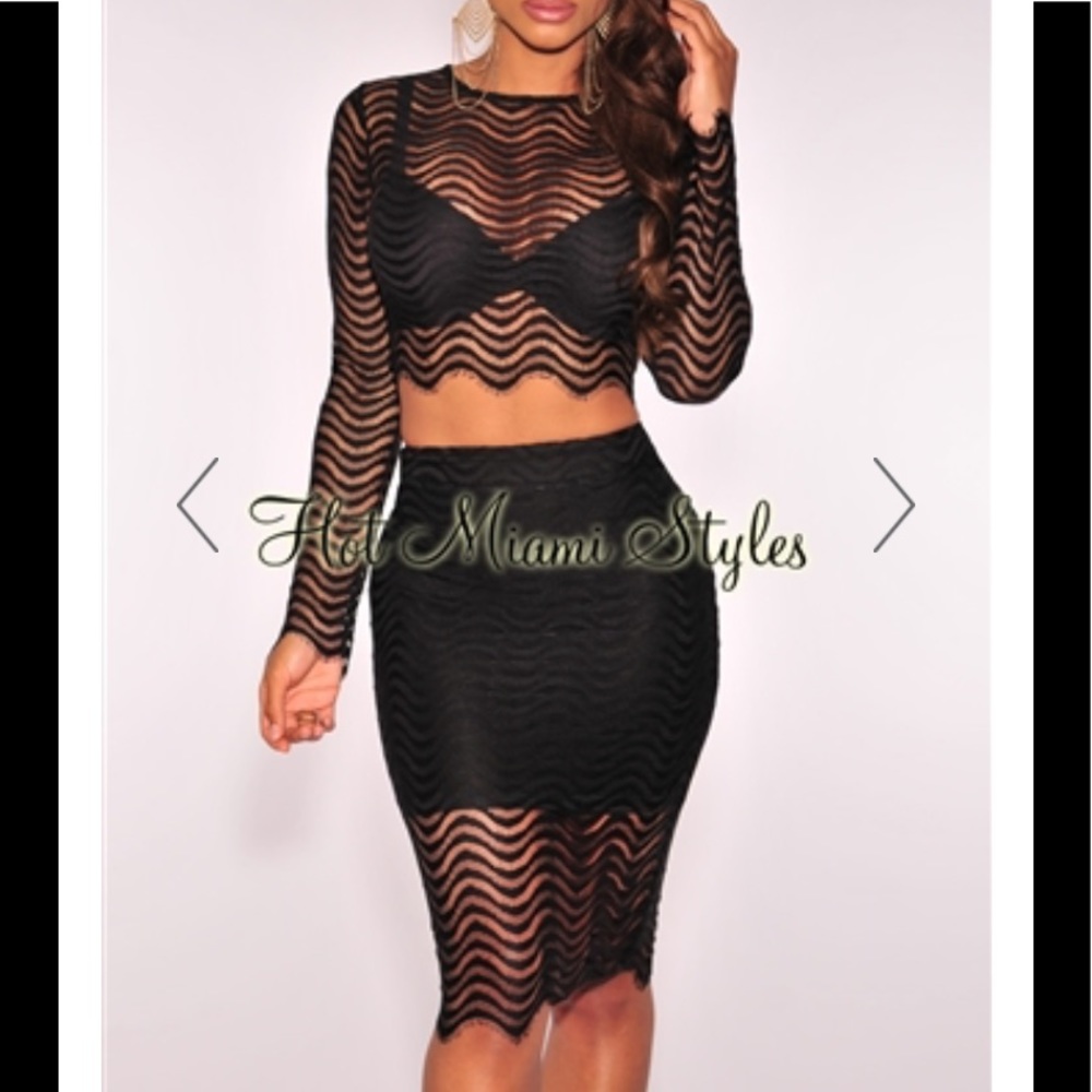 Black Lace Long Sleeves Two Piece Set