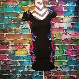 Black floral mini dress.