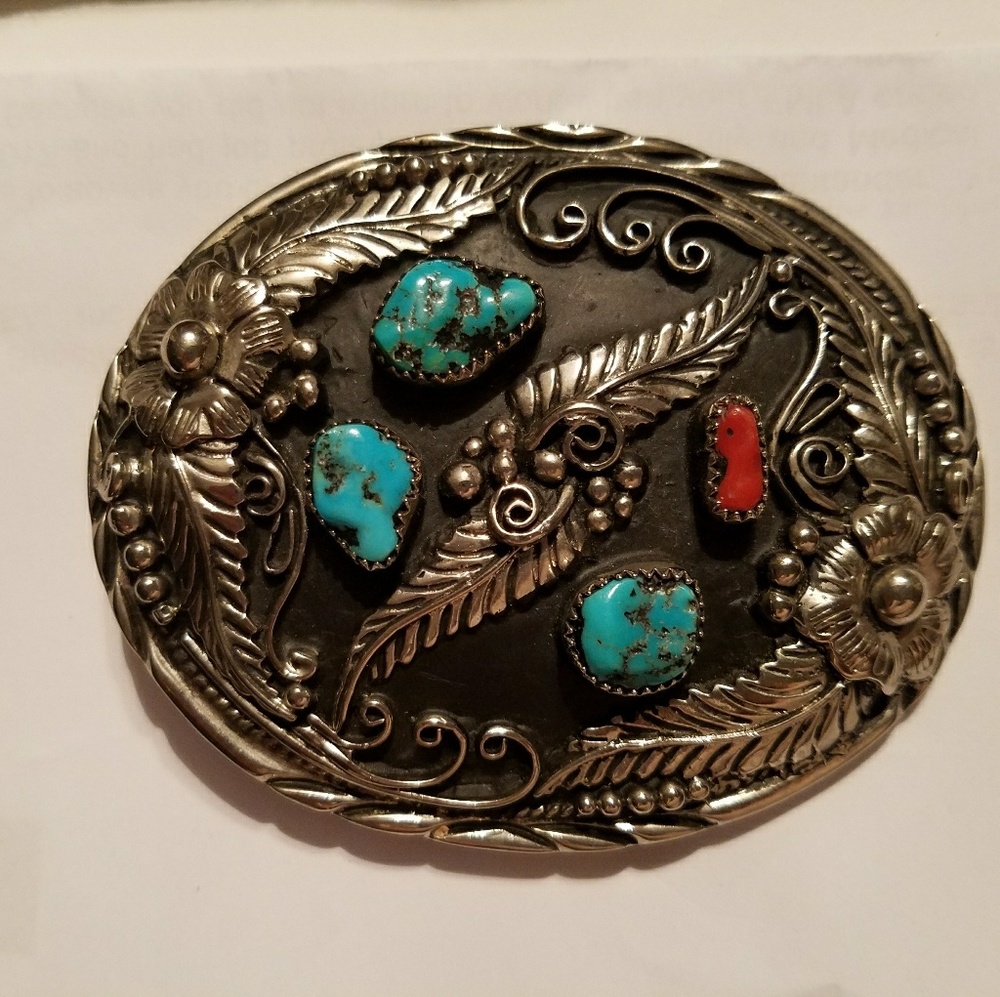 Men's Genuine Turquoise and Coral Belt Buckle
