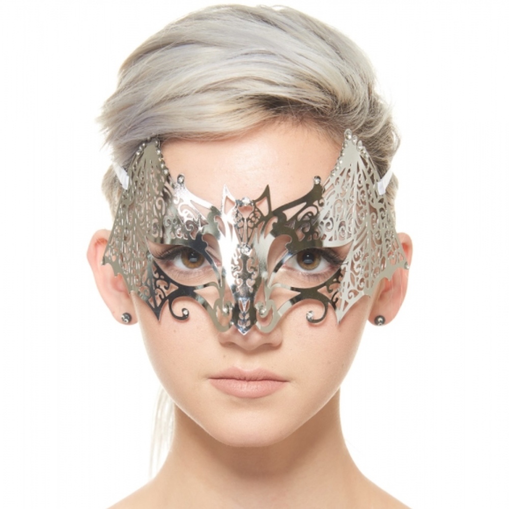 Silver Bat Inspired Metal Mask with Clear Stones