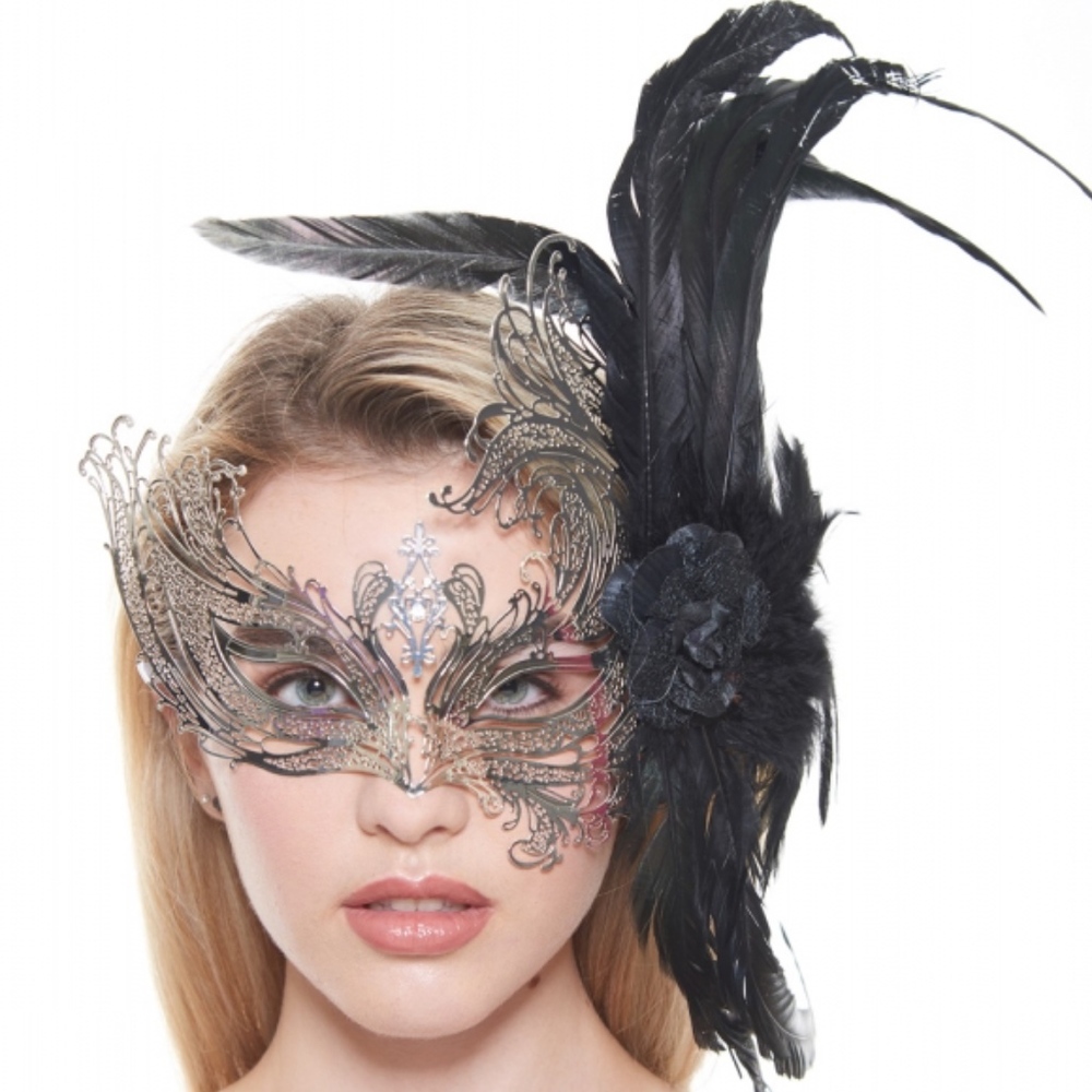 Silver laser Cut Mask with Black Feathers